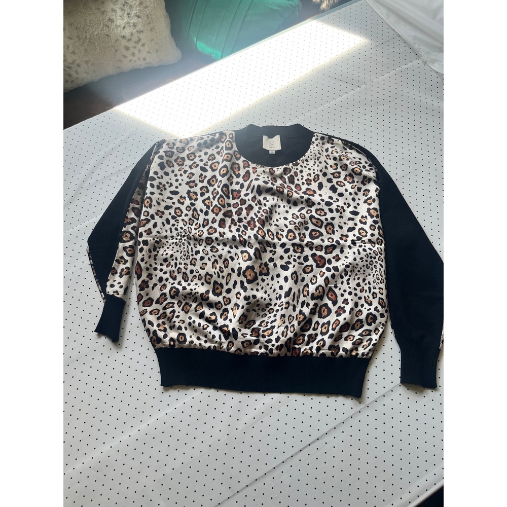 Sioni Leopard Print Satin Front Sweatshirt Womens S Black Mixed Media Pullover